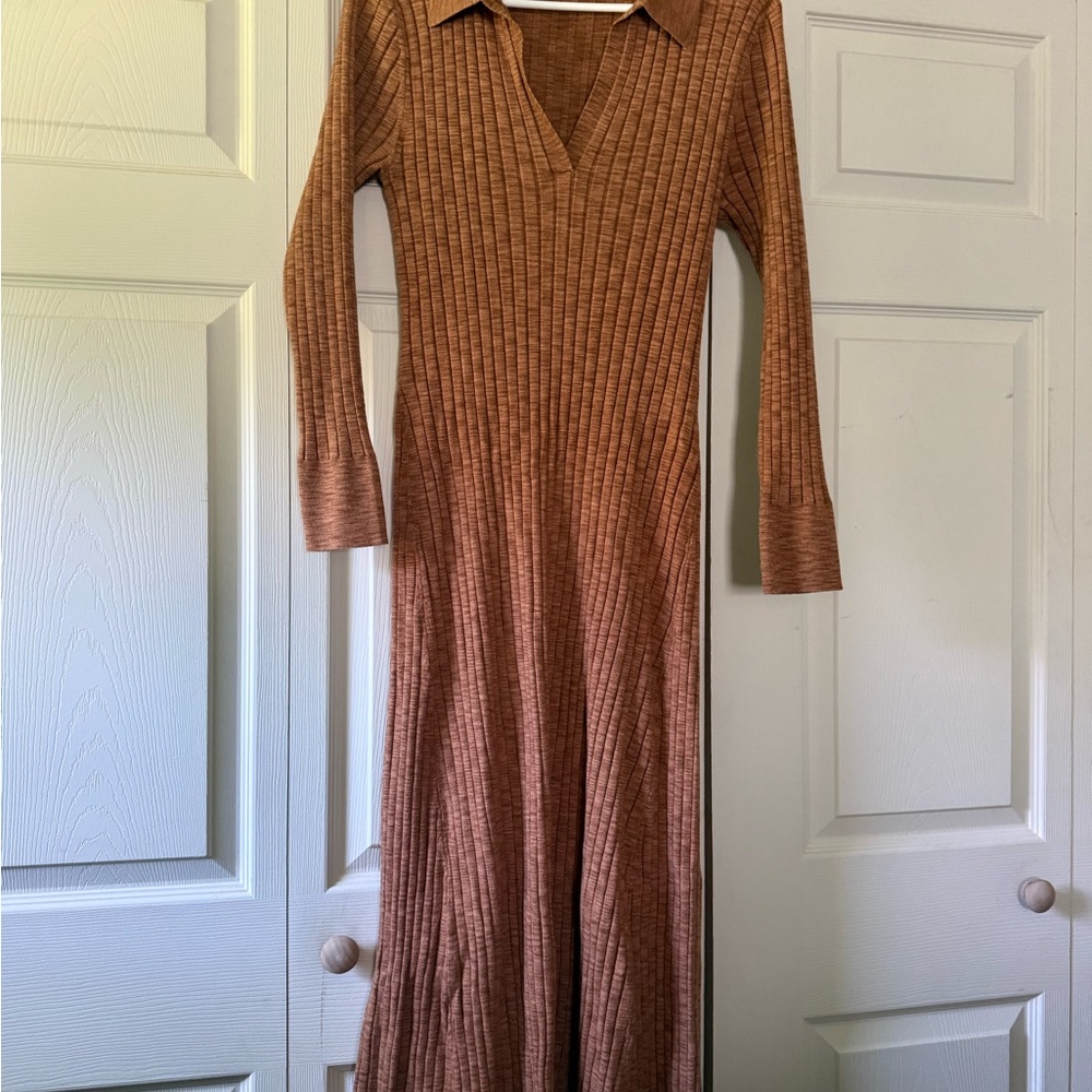 LOFT Ribbed Long-Sleeve Maxi Dress in Rust Brown